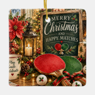 Ping-Pong-Schläger und Ball mit Weihnachtsthema Keramikornament