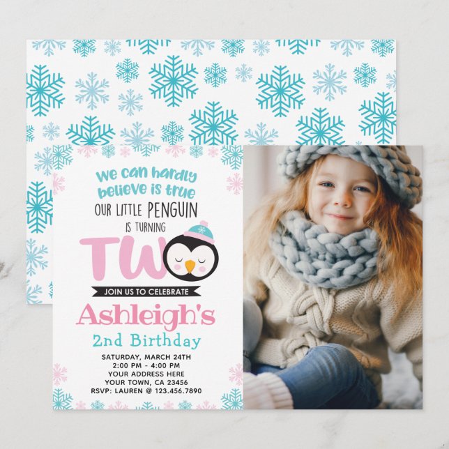 Pingouin 2e anniversaire Invitation avec photo (Devant / Derrière)
