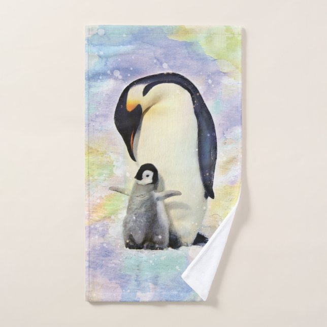 Pingouin d'empereur avec l'aquarelle de bébé (Serviette à main)