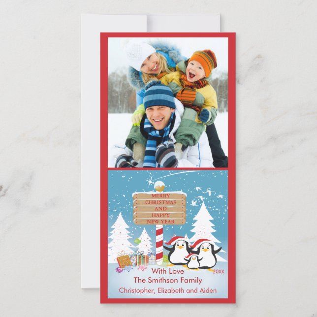 Pingouin Famille De 3 Vacances Carte Photo De Noël (Devant)