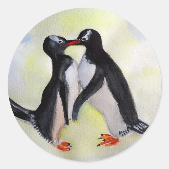 Pingouin Kiss, Aquarelle art autocollant (Devant)