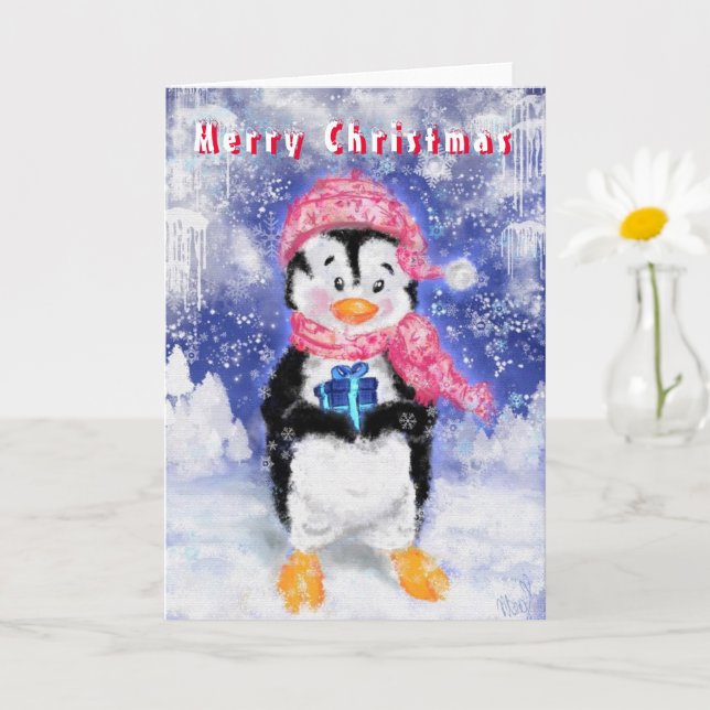 Pingouin mignon avec carte cadeau de Noël (Petite plante)