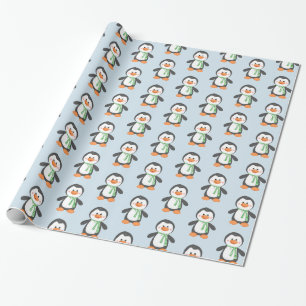 Pingouin mignon en papier cadeau bleu et vert