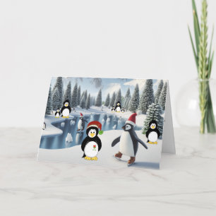 Pingouin Noël sur la carte de vacances sur glace