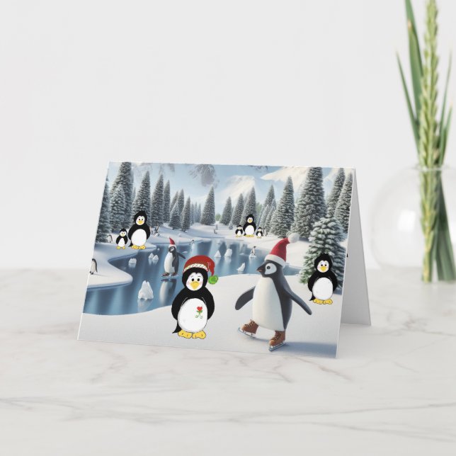 Pingouin Noël sur la carte de vacances sur glace (Devant)