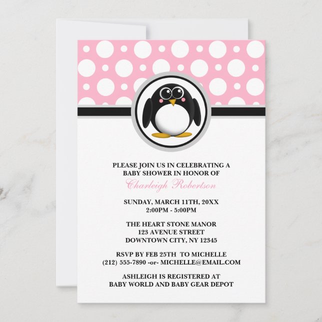 Pingouin Pink Polka Dot Baby Shower Invitations (Devant)