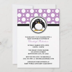Pingouin Purple Polka Dot Baby Shower Invitations