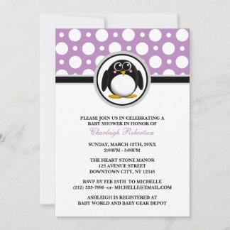 Pingouin Purple Polka Dot Baby Shower Invitations