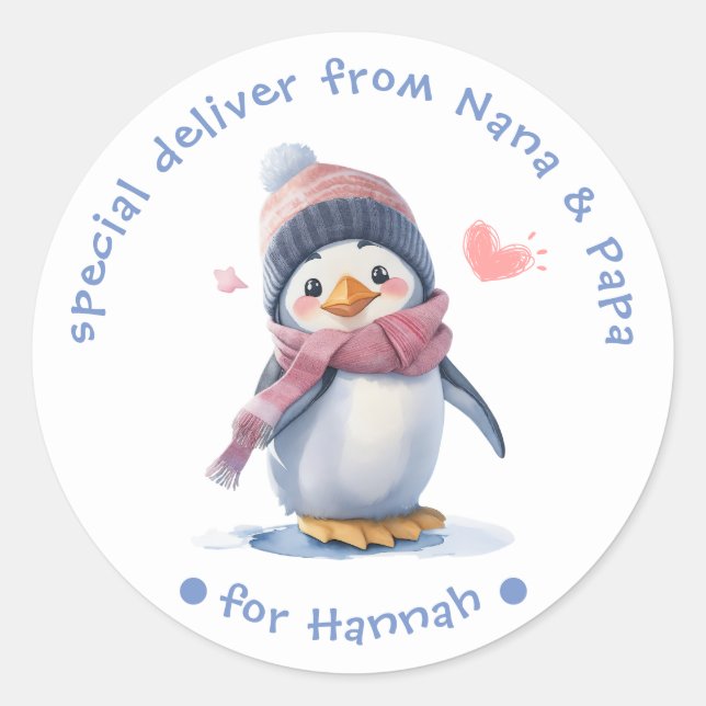 Pingouin rose doux Étiquette de Noël pour enfants (Devant)