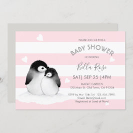 Pingouin rose Gris Baby Shower Invitations