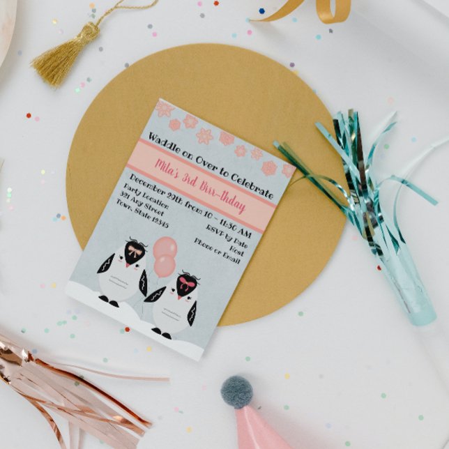 Pingouin rose Invitation d'anniversaire (Créateur téléchargé)