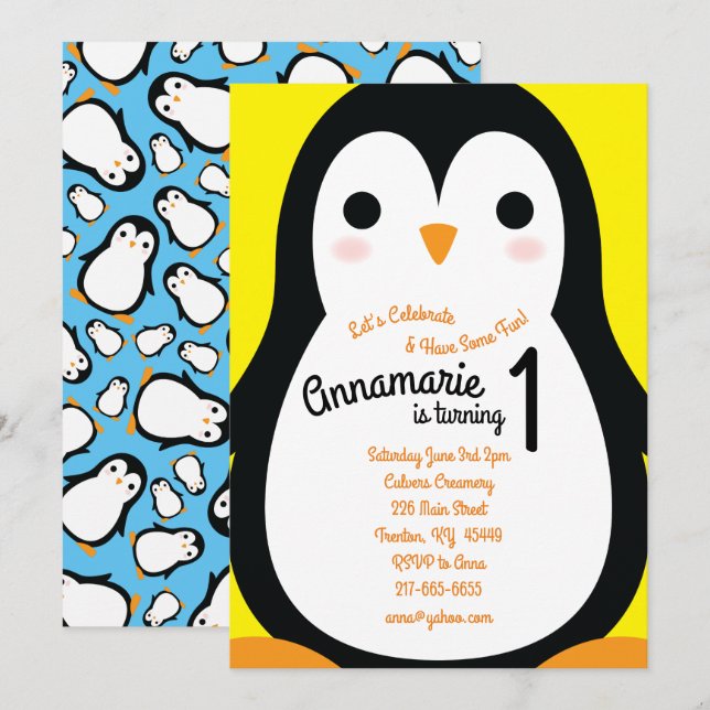 Pingouins 1er anniversaire mignonne Invitations hi (Devant / Derrière)