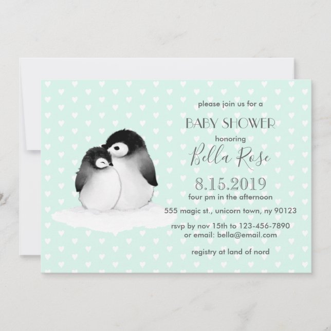 Pingouins Gris Mint Coeurs Baby shower Invitation (Devant)