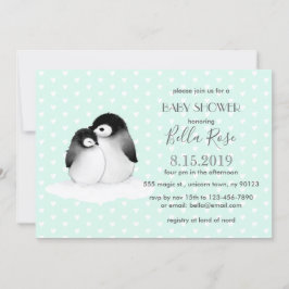 Pingouins Gris Mint Coeurs Baby shower Invitation