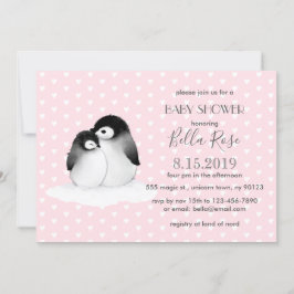 Pingouins gris rose Coeurs Baby shower Invitation