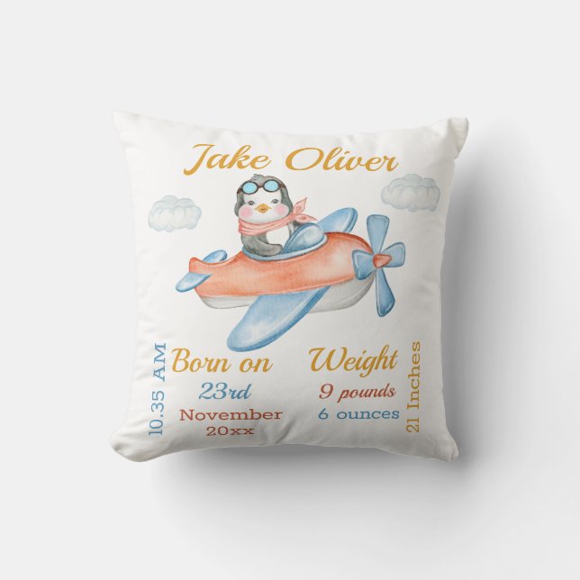 Pinguin Airplane Blue Baby Boy Stats Kissen (Vorderseite)