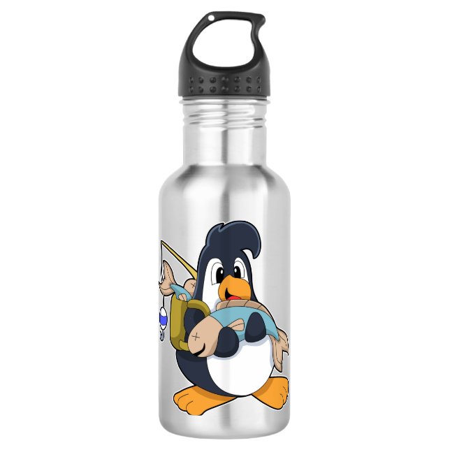 Pinguin als Angler mit Fisch Edelstahlflasche (Vorderseite)