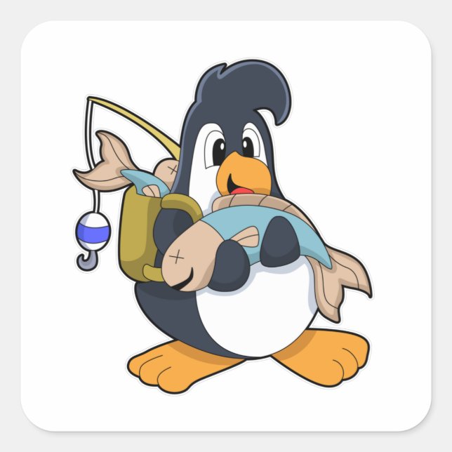 Pinguin als Angler mit Fisch Quadratischer Aufkleber (Vorderseite)