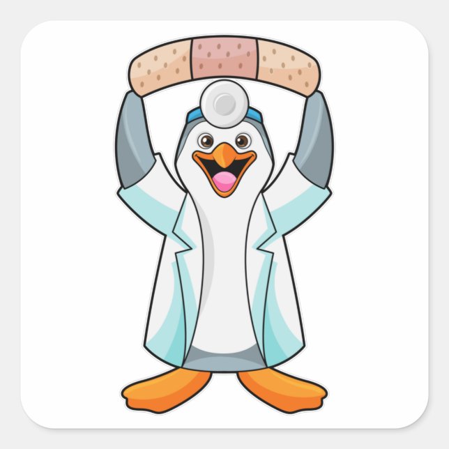 Pinguin als Arzt mit Plakat Quadratischer Aufkleber (Vorderseite)