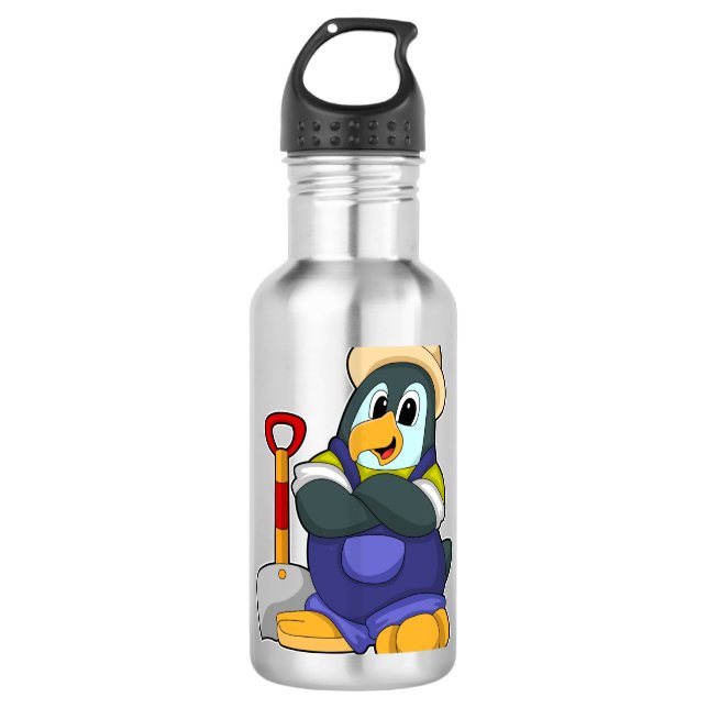 Pinguin als Bauer mit Shovel Edelstahlflasche (Vorderseite)