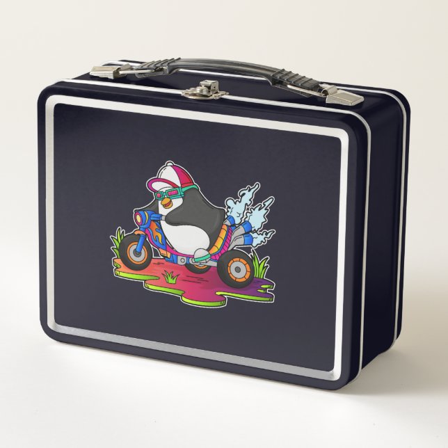 Pinguin als Biker mit Motorrad Metall Brotdose (Vorderseite)