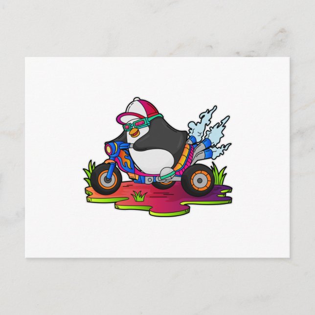 Pinguin als Biker mit Motorrad Postkarte (Vorderseite)