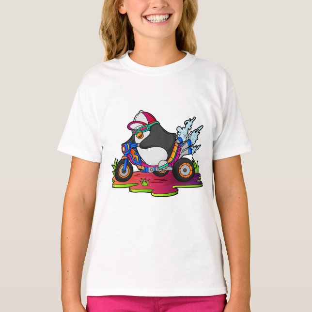 Pinguin als Biker mit Motorrad T-Shirt (Vorderseite)