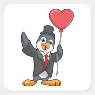 Pinguin als Bräutigam mit Herzluftballon Quadratischer Aufkleber