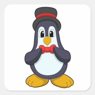 Pinguin als Bräutigam mit Schleife und Hut Quadratischer Aufkleber