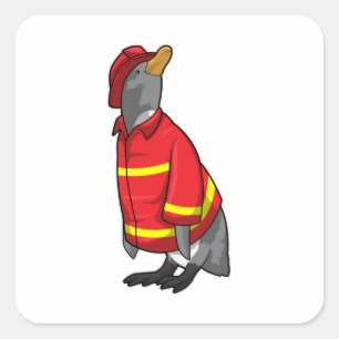 Pinguin als Feuerwehrmann mit Helmet Quadratischer Aufkleber