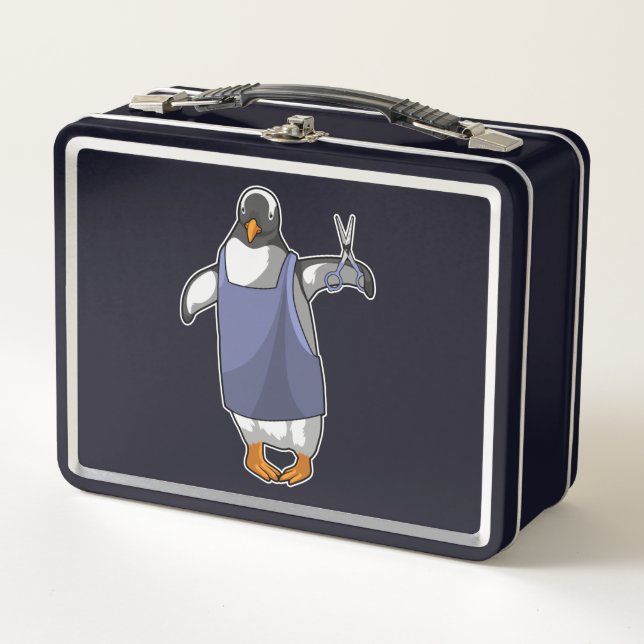 Pinguin als Friseur mit Schere Metall Brotdose (Vorderseite)