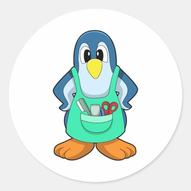 Pinguin als Friseur mit Schere & Razor Runder Aufkleber (Vorderseite)
