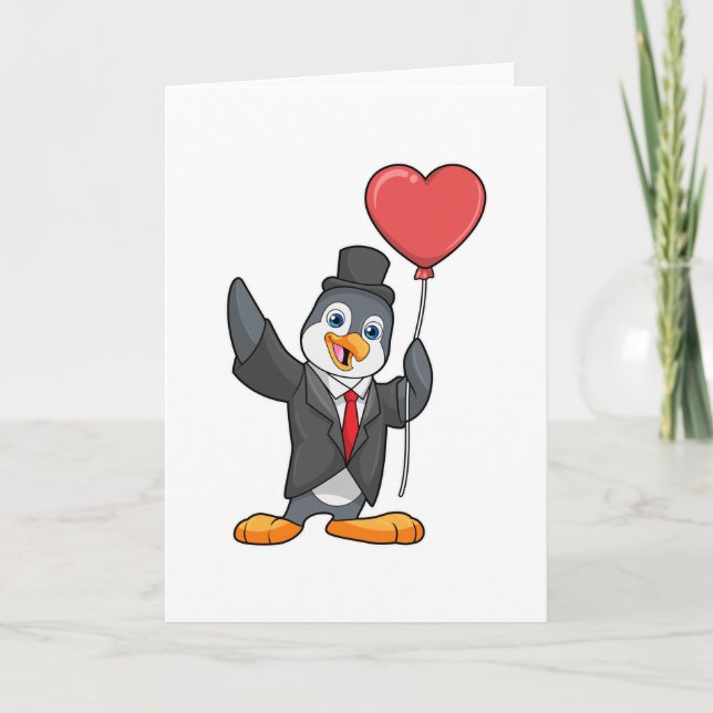 Pinguin als Groom mit Herz Ballon Karte (Vorderseite)