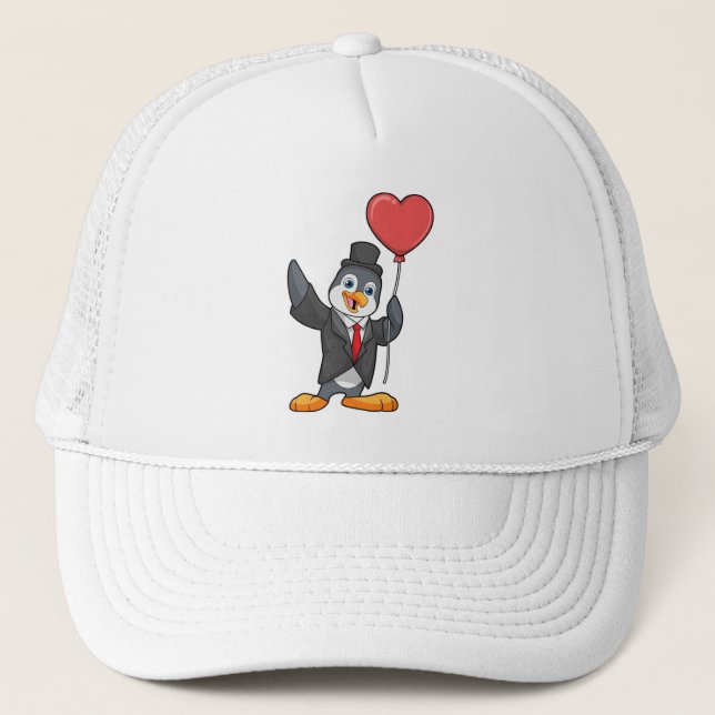 Pinguin als Groom mit Herz Ballon Truckerkappe (Vorderseite)