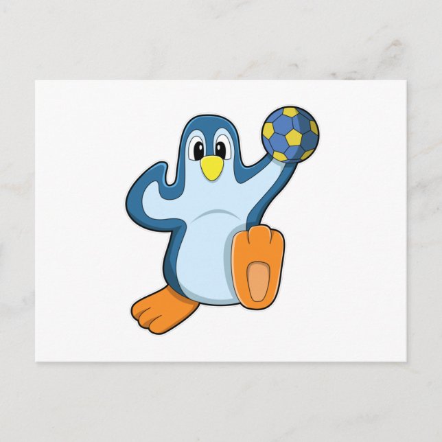 Pinguin als Handballspieler mit Handball Postkarte (Vorderseite)