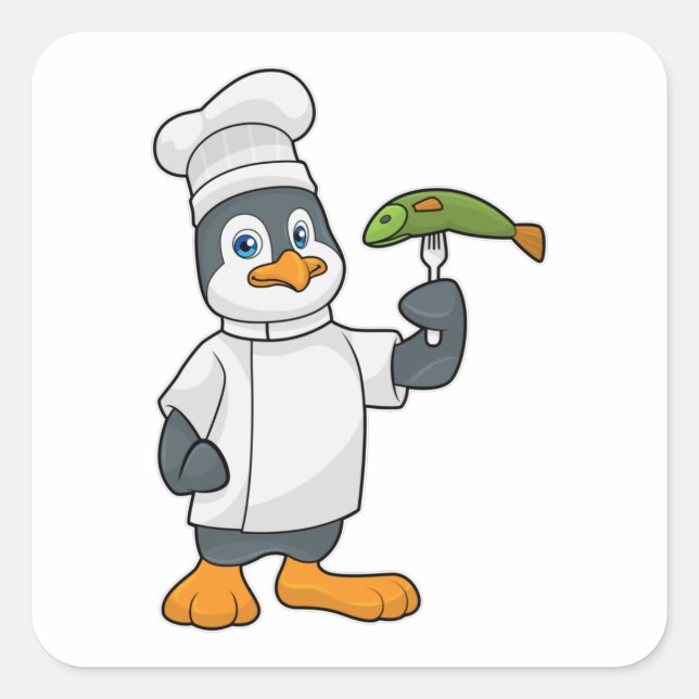 Pinguin als Koch mit Schürze Fisch & Kochen Quadratischer Aufkleber (Vorderseite)