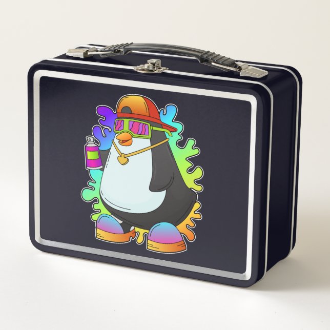 Pinguin als Maler mit Spray Metall Brotdose (Vorderseite)