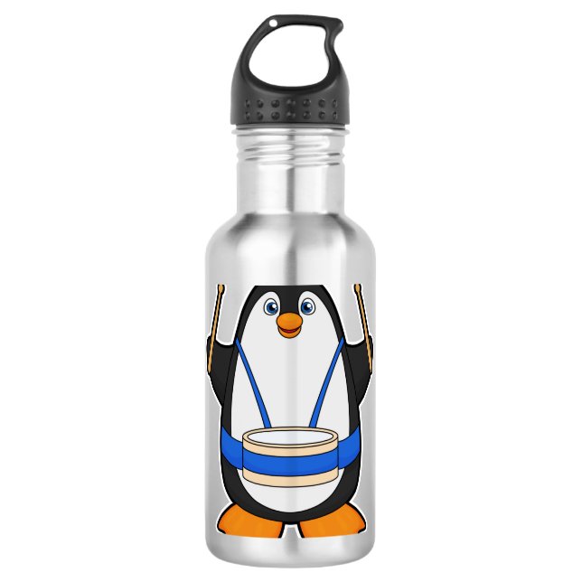 Pinguin als Musiker mit Drum Edelstahlflasche (Vorderseite)