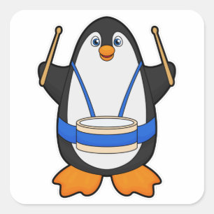 Pinguin als Musiker mit Drum Quadratischer Aufkleber
