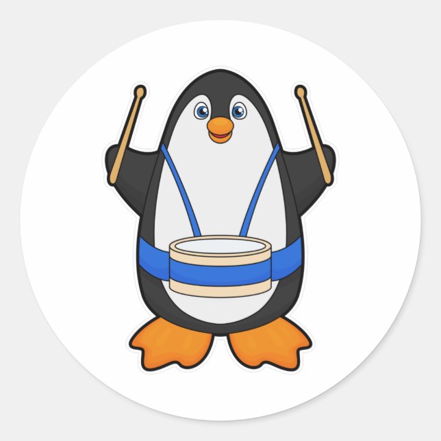Pinguin als Musiker mit Drum Runder Aufkleber (Vorderseite)
