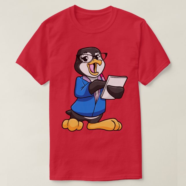 Pinguin als Sekretär mit Brillen Pen und Note T-Shirt (Design vorne)