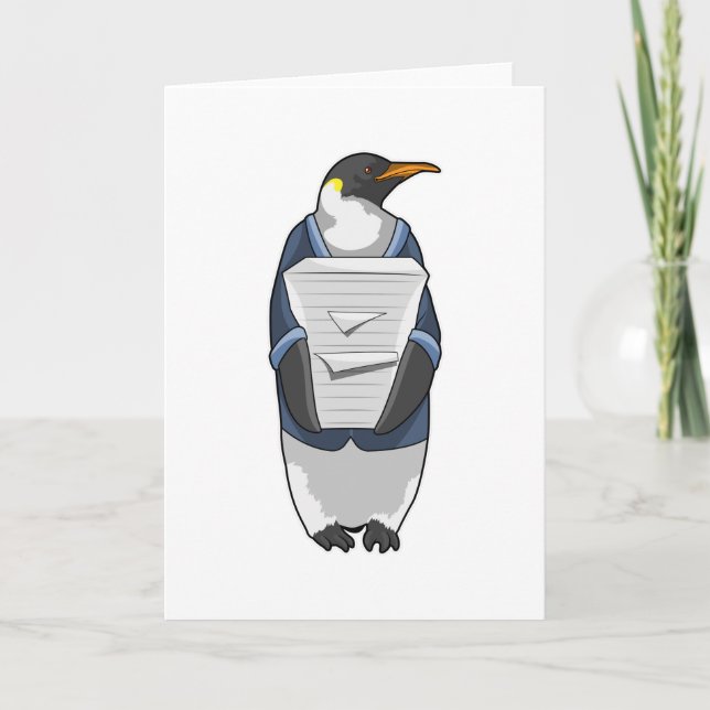 Pinguin als Sekretär mit Papierstapel Karte (Vorderseite)