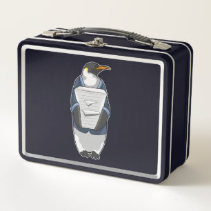 Pinguin als Sekretär mit Papierstapel Metall Brotdose