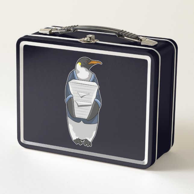 Pinguin als Sekretär mit Papierstapel Metall Brotdose (Vorderseite)