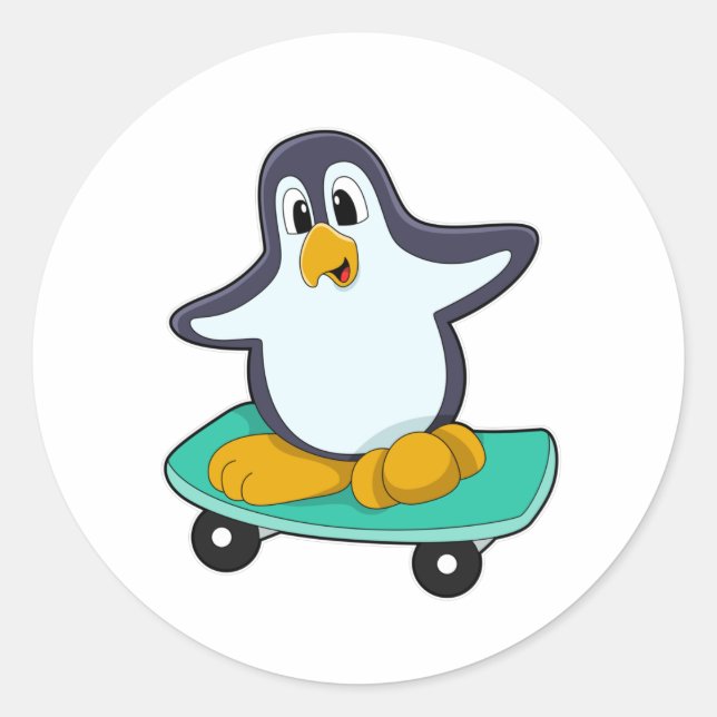 Pinguin als Skater auf Skateboard Runder Aufkleber (Vorderseite)