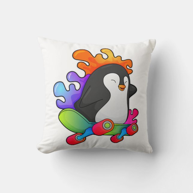 Pinguin als Skater mit Skateboard Kissen (Vorderseite)