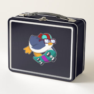 Pinguin als Skater mit Skateboard Metall Brotdose