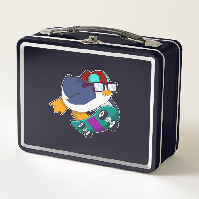 Pinguin als Skater mit Skateboard Metall Brotdose (Vorderseite)