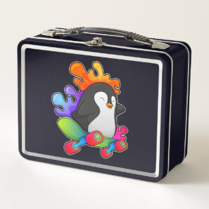 Pinguin als Skater mit Skateboard Metall Brotdose