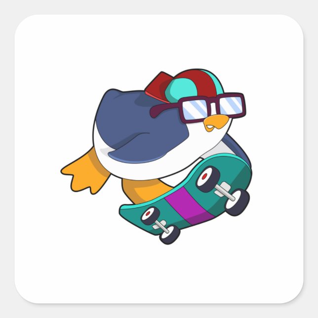 Pinguin als Skater mit Skateboard Quadratischer Aufkleber (Vorderseite)